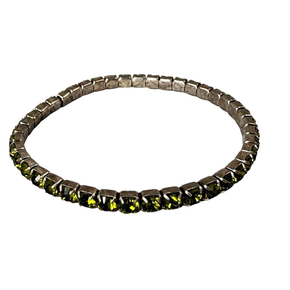 Vintage Silver-Tone Tennis Style Bracelet With Green Rhinestones Stretches